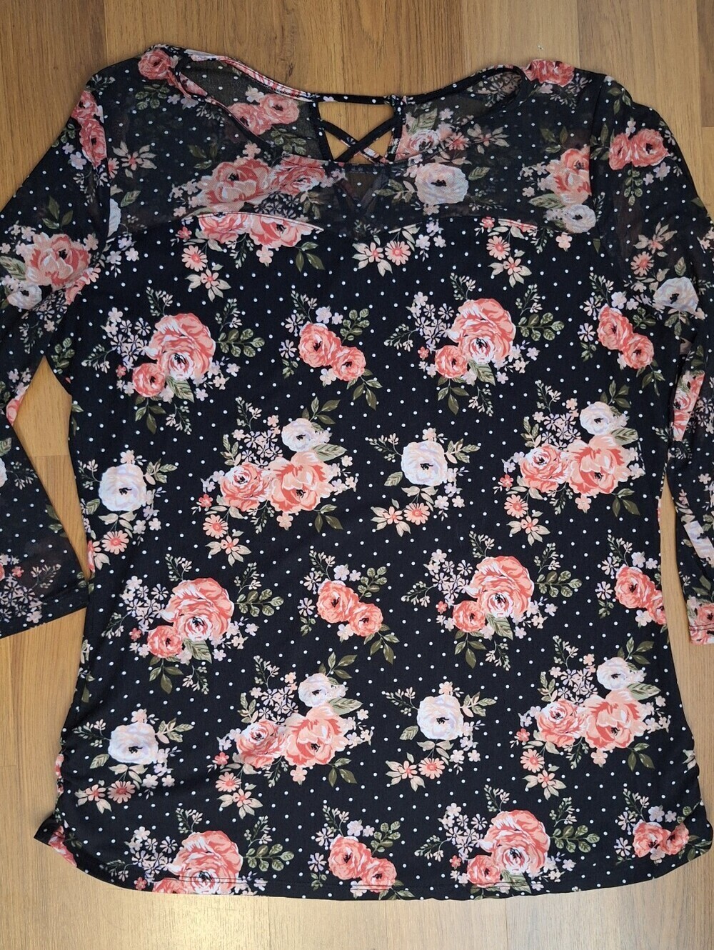 Women’s Floral Mesh Yoke 3/4 Sleeve Top - Black with Pink Roses